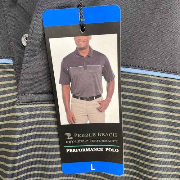 NEW Pebble Beach Men's L Dry-Luxe Performance Polo Shirt Black & Gray Striped - Picture 6 of 7